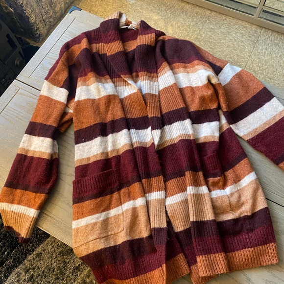 Time and Tru Sweaters - Time and Tru Women's Striped Cardigan - Burgundy, Orange, Cream